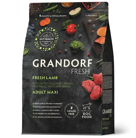Купить grandorf fresh сухой беззерновой корм для взрослых собак  крупных пород с живыми пробиотиками, ягненок с бататом
