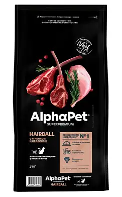 AlphaPet Superpremium Сухой корм для кошек с ягненком и кроликом для вывода шерсти