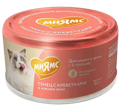 Мнямс Влажный дополнительный корм На каждый день для кошек и котят старше 6 месяцев "тунец с креветками в нежном желе"