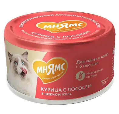 Влажный дополнительный корм Мнямс На каждый день для кошек и котят старше 6 месяцев "курица с лососем в нежном желе"